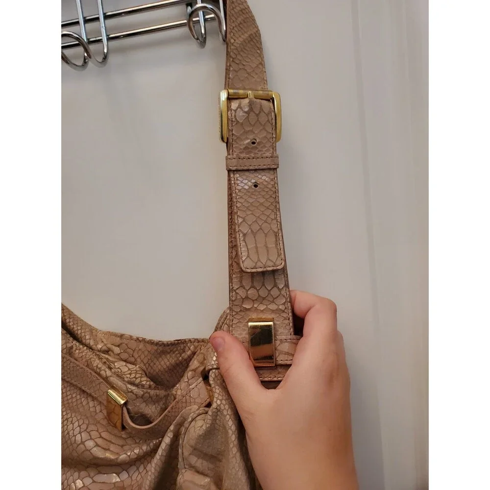 Michael Kors Fulton Hobo Bag Beige Python Embossed Leather Shoulder Purse Gold H